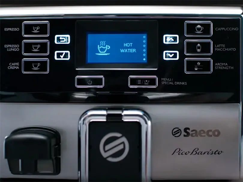 Close up of the user interface on the Saeco PicoBaristo