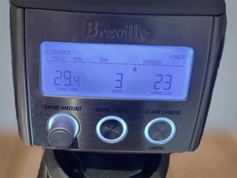 Close up of the user interface on the Breville Smart Grinder Pro