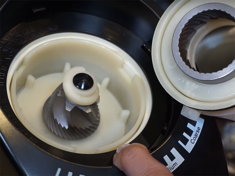 Close up of the conical burr inside the Capresso Infinity