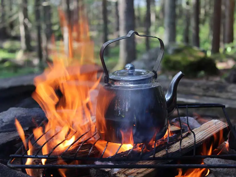 Cowboy coffee - a kettle sitting directly on a camp fire
