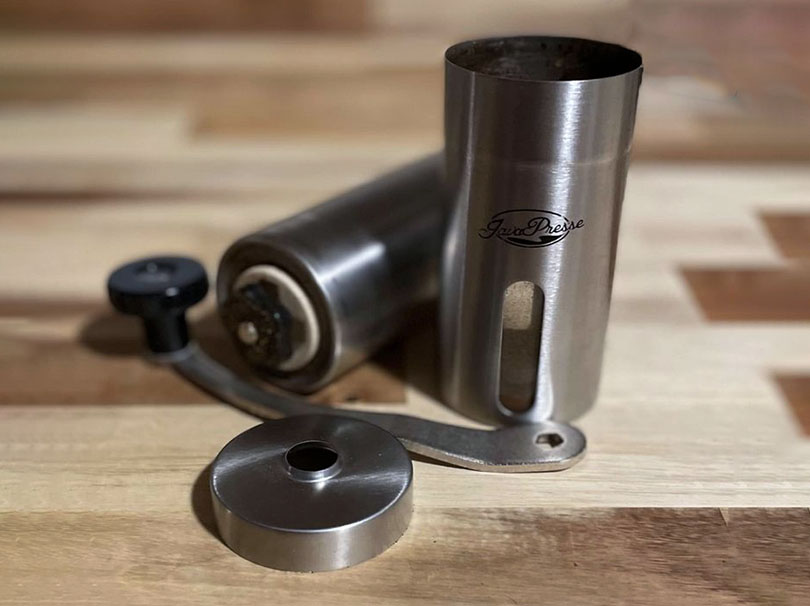 Parts of the Javapresse laid out on a wooden table