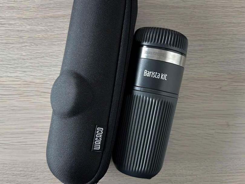 Wacaco Barista Kit accessory for the Nanopresso, sitting on a wooden table