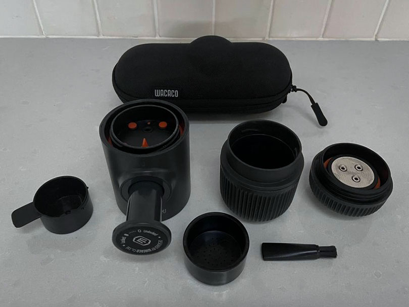 All the parts of the Wacaco Nanopresso laid out on the kitchen counter