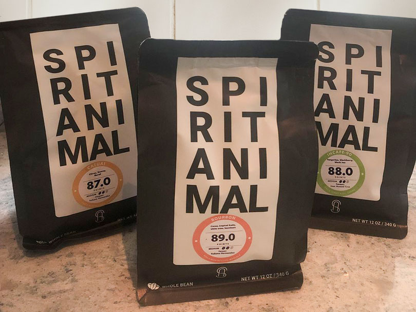 Three bags of Spirit Animal Coffees (Catuai, Bourbon, and IHCAFE-90)