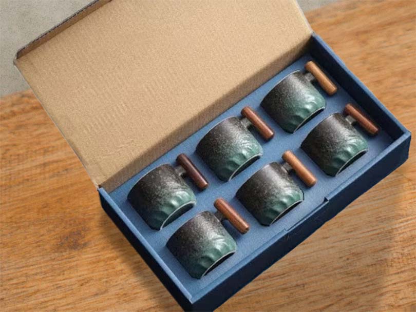 Box of 6 handmade ceramic espresso mugs with wooden handles (can also be used as Japanese tea cups)