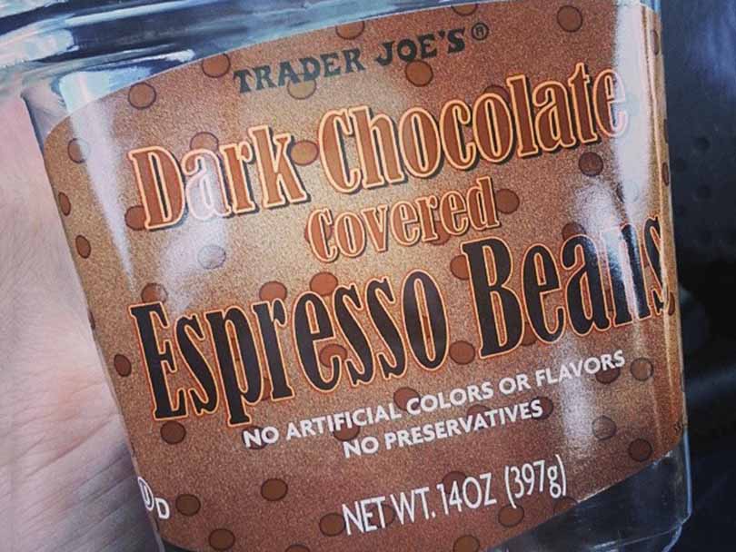 Box of dark chocolate covered espresso beans from Trader Joe's