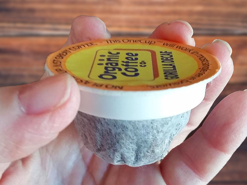Holding a Gorilla Decaf K-Cup by Organic Coffee Co.
