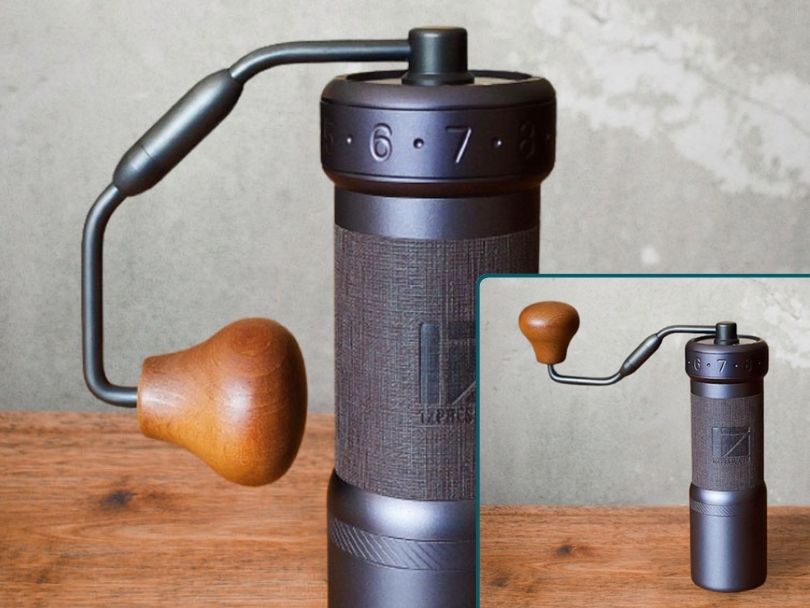 1Zpresso K Ultra foldable handle - main image has handle folded away, inset image shows handle extended