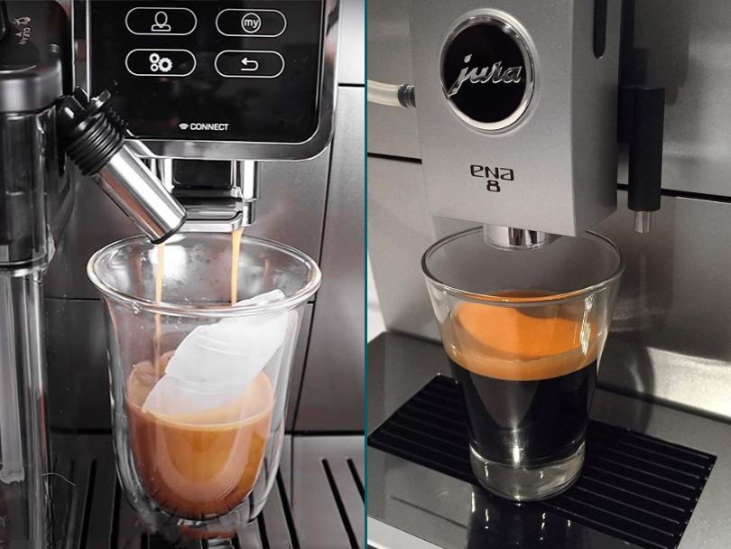 DeLonghi Dinamica Plus making iced coffee and Jura ENA 8 making espresso