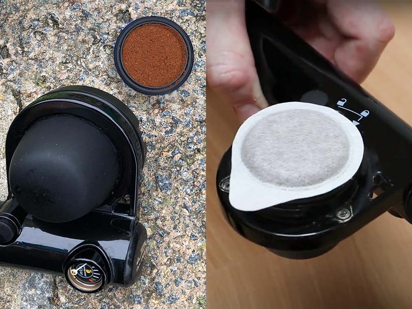 Split image of the Handpresso Wild Hybrid using ground coffee on the left, and an ESE pod on the right