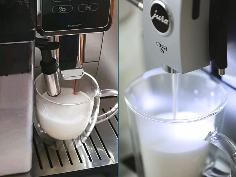 Split image showing milk being dispensed from the DeLonghi Dinamica Plus and Jura ENA 8
