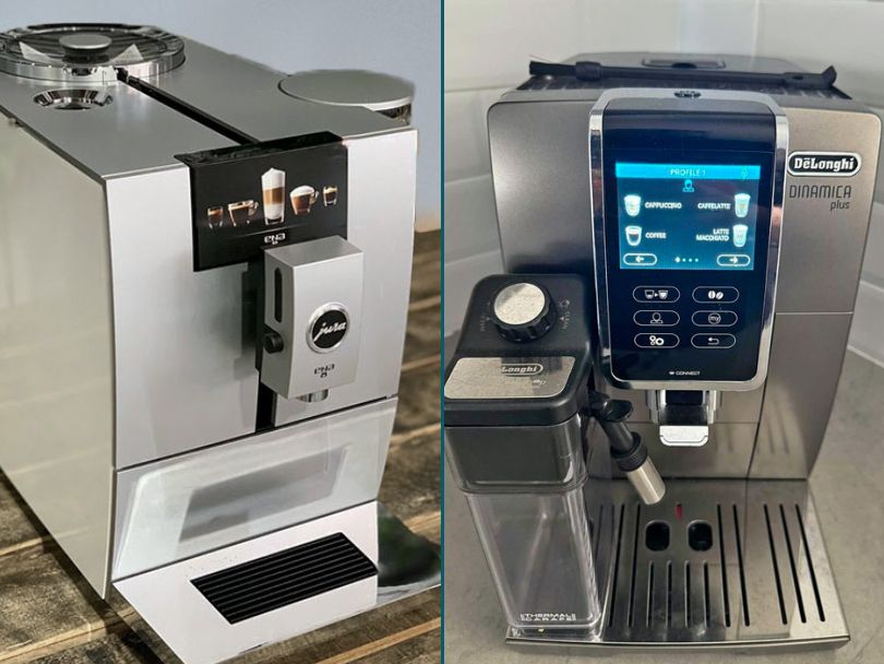 Split image comparing the Jura ENA 8 vs DeLonghi Dinamica Plus espresso machines