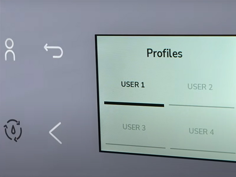 Close up of the KitchenAid KF's user interface showing that there are 4 user profiles to choose from