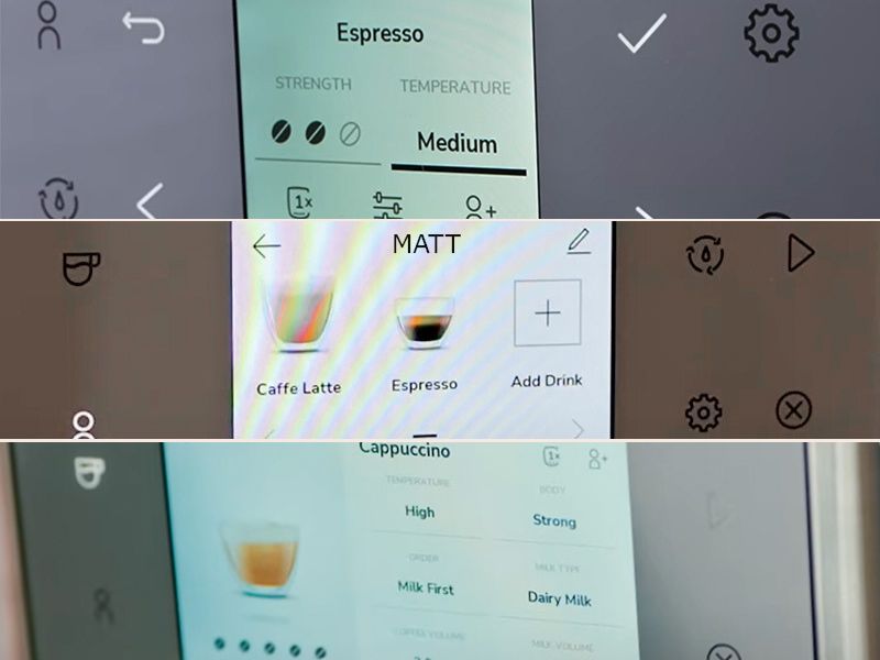 Close up of the user interface (screen and buttons) on the KitchenAid KF series. From top: KF6, KF7, and KF8