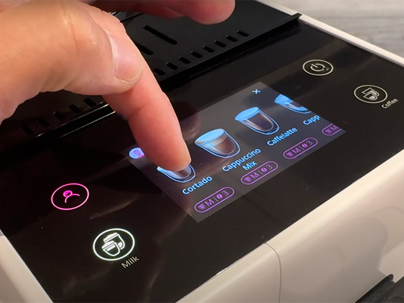 Close up of the coffee drinks selection screen on the DeLonghi Rivelia