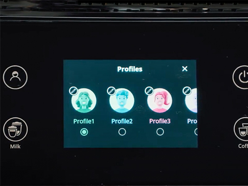 User interface for the DeLonghi Rivelia showing 3 user profiles, with the 4th just off screen