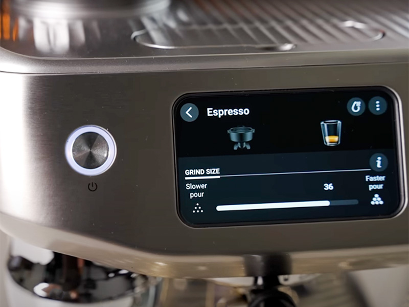 Close-up of the Breville Oracle Jet user interface showing the grind size selection for making an espresso