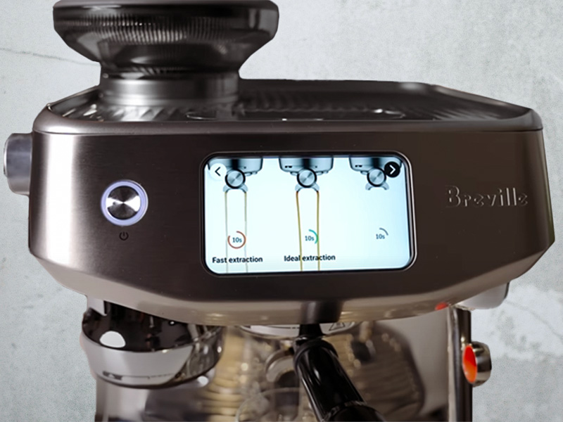 Breville Oracle Jet's touchscreen displaying barista-level guidance on a fast, ideal, and slow extraction time
