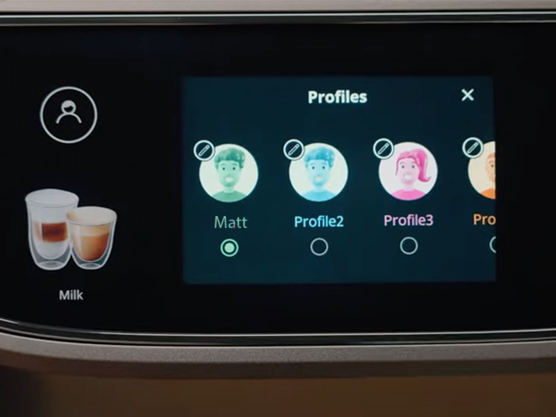 Close-up of the 4 user profiles, the first one named Matt, on the DeLonghi Magnifica Plus