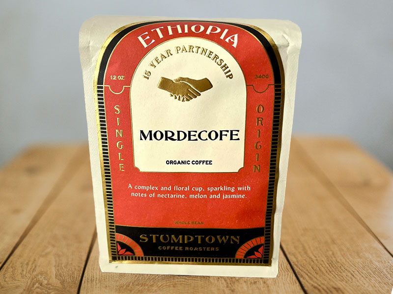 A bag of Ethiopia Mordecofe coffee beans from Stumptown
