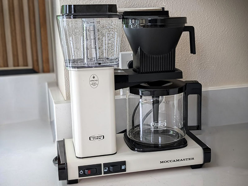 Technivorm Moccamaster 53941 KBGV Select, White, sitting on counter