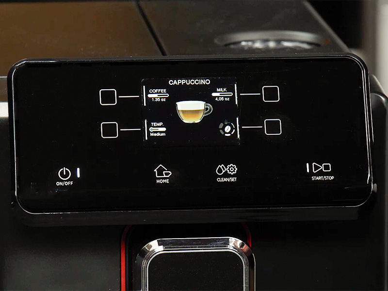 Close-up of the Gaggia Magenta Prestige's screen showing all the available settings for a cappuccino