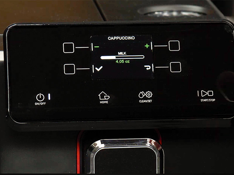 Close-up of the Gaggia Magenta Prestige screen displaying the customizable milk volume settings for a cappuccino