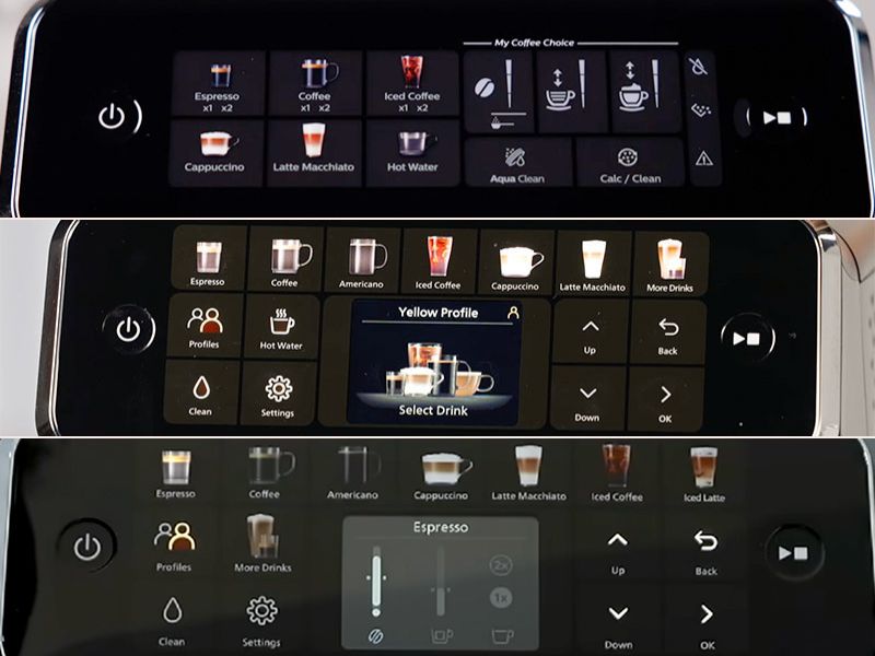 Comparing the user interface (display and soft touch buttons) of the Philips espresso machines. Top: 3300; Middle: 4400; Bottom: 5500