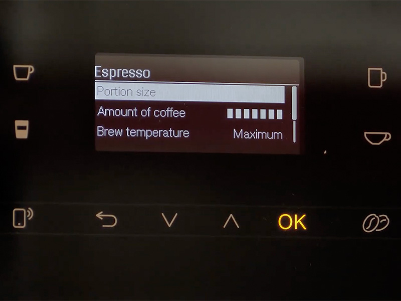 Close-up of the espresso customization options on the Miele CM 6360