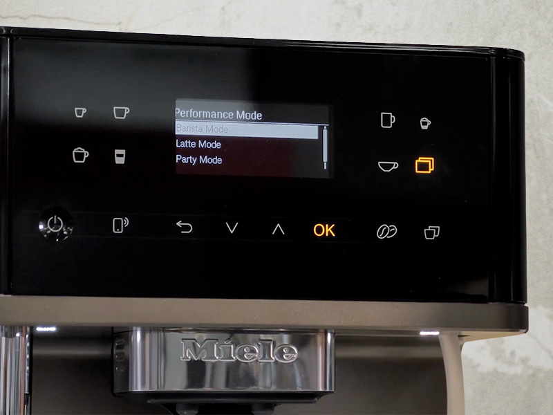 Miele CM 6360 screen showing the different Performance Modes