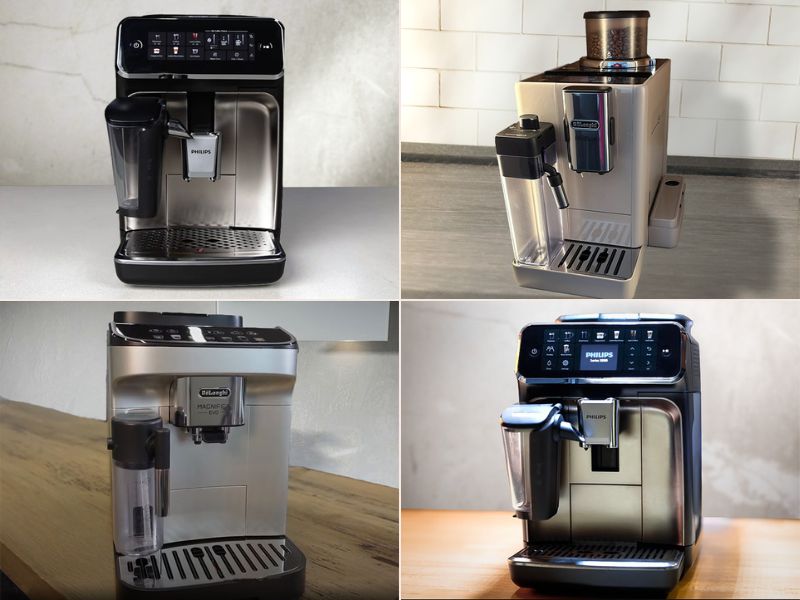 4 Delonghi and Philips espresso machines side-by-side to compare their different aesthetics