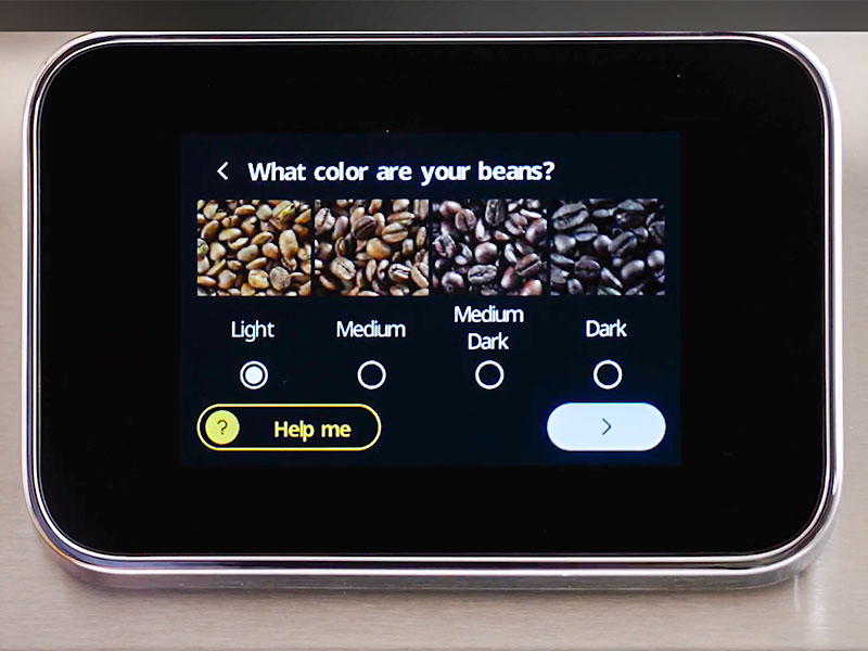 DeLonghi La Specialista Touch screen asking 'What color are your beans?' as part of the Bean Adapt setup