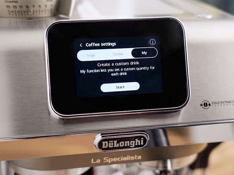 Close-up of the DeLonghi La Specialsta Touch screen showing how to create a custom drink using the 'My' settings
