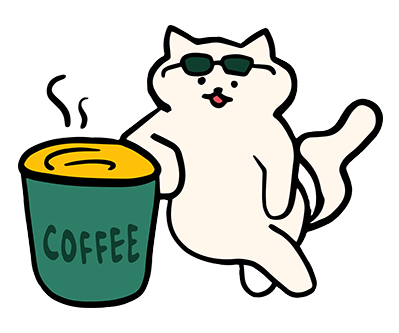 drawing of a cat wearing sunglasses and leaning against a fresh cup of coffee