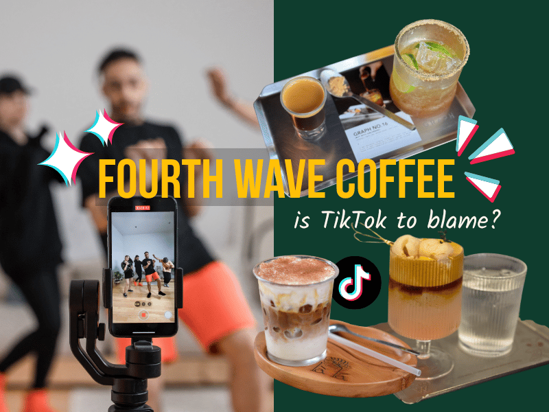 Fourth wave coffee - is TikTok to blame? graphic with different iced coffee recipes, and group filming themselves doing a TikTok dance