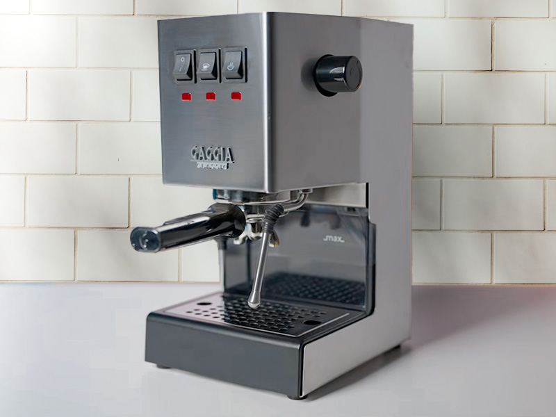 Gaggia Classic E24 espresso machine, sitting side on to the camera