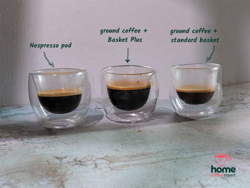 3 espresso shots made with the OutIn Nano. Annotated as being made with Nespresso pod, ground coffee + basket plus, and ground coffee + standard basket respectively
