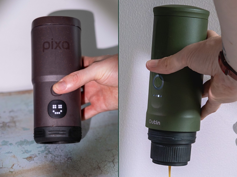 Close-up of hand holding the Wacaco Pixapresso, smiley face on the touchscreen. Split screen with hand holding the OutIn Nano mid-way through making a shot of espresso