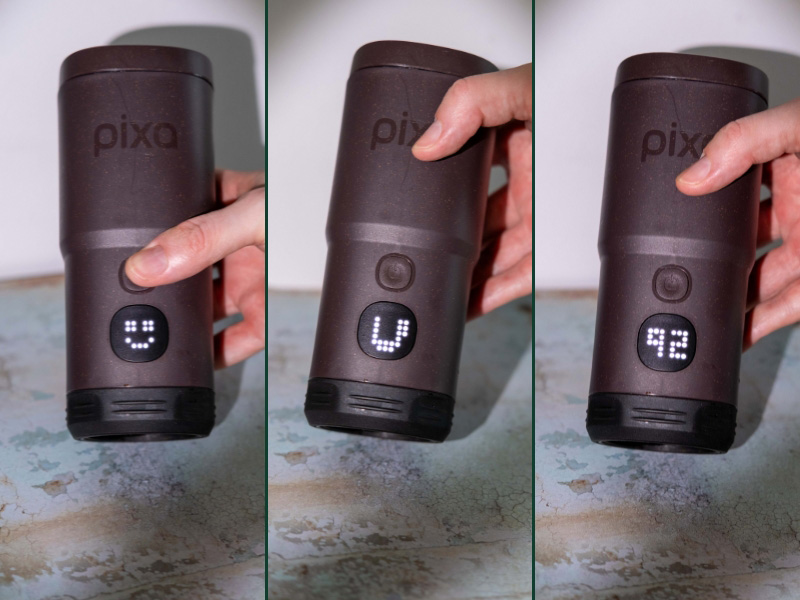 Collage of 3 pictures of the Wacaco Pixapresso with different settings displayed on the touchscreen