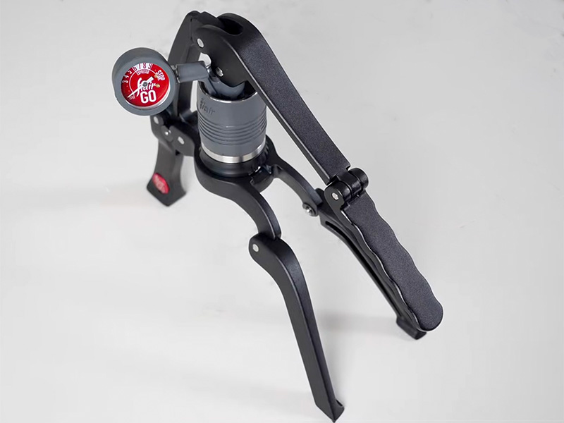 Top-down view of the Flair 2GO compact lever espresso maker, set-up for use