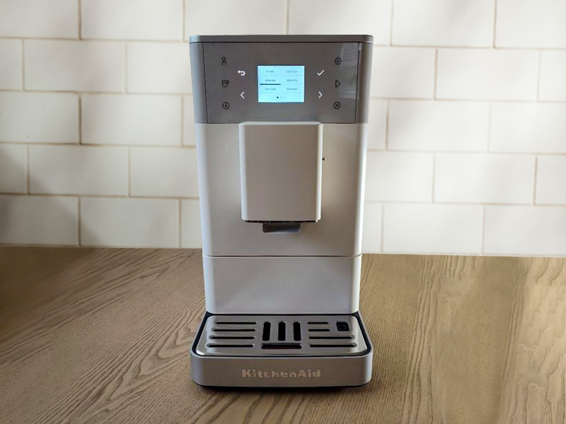 Front view of the KitchenAid KF3, screen turned on