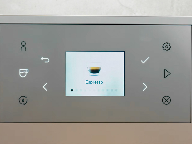 Close-up of the KitchenAid KF3 user interface with Espresso displayed in color on the screen
