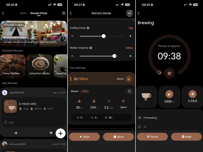 3 screenshots from the Cosori Juni's app, stitched together. 1 - Recipe Plaza. 2 - Barista Mode. 3 - Brewing screen